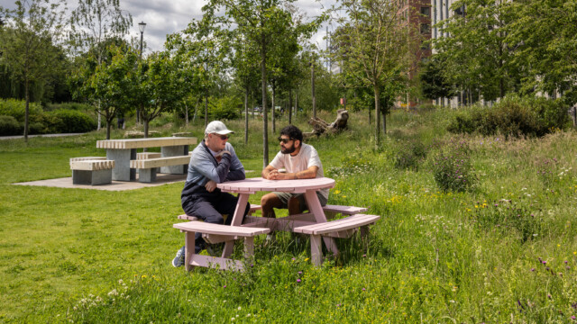 Pink Speakeasy Club bench in Brent Cross Town's Claremont Park in North London (Brent Cross Town)