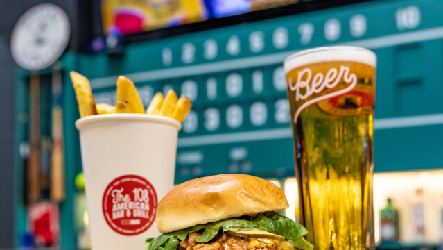 Photo of chips, a burger and a lager at The 108 American Bar & Grill, Brent Cross Town. (Brent Cross Town)