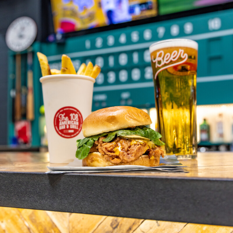 Photo of chips, a burger and a lager at The 108 American Bar & Grill, Brent Cross Town. (Brent Cross Town)