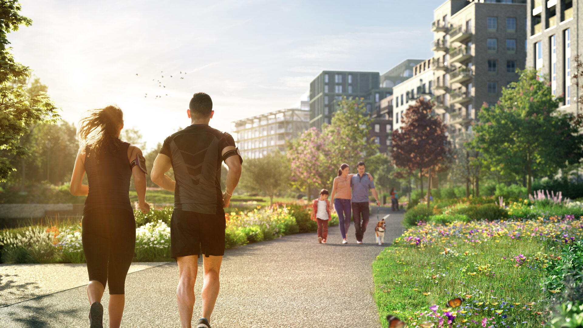 Impression of people running in the new Claremont Park (Brent Cross Town)