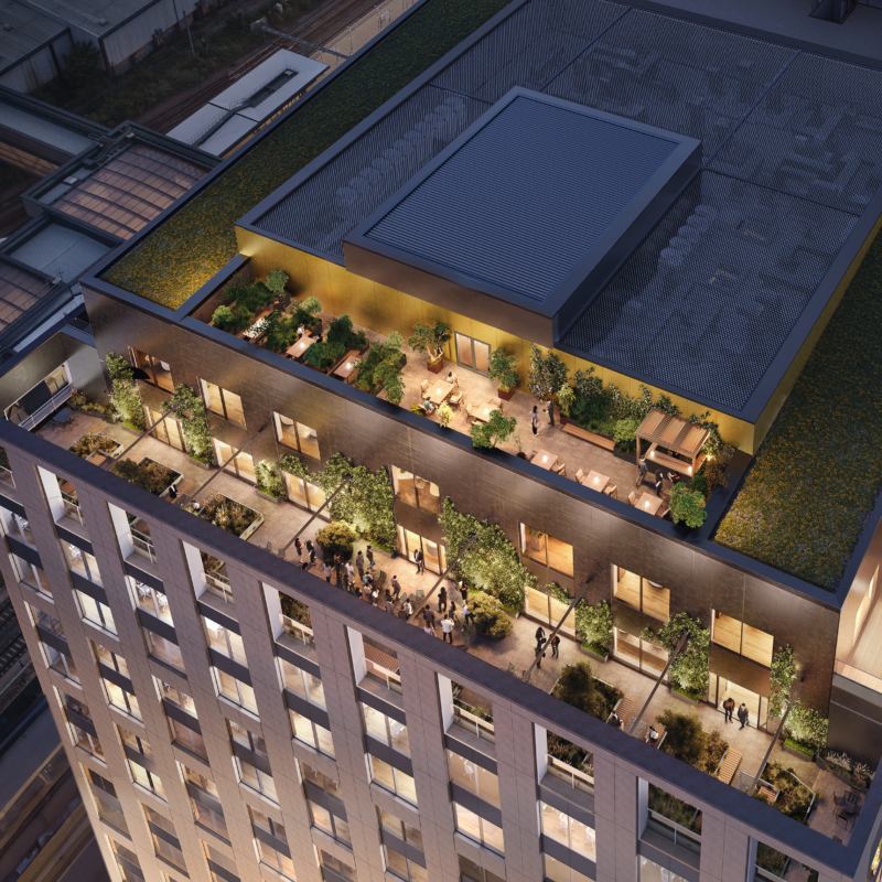 Aerial CGI image of 3 Copper Square rooftop and balcony space lit up at night in Brent Cross Town. (Brent Cross Town)