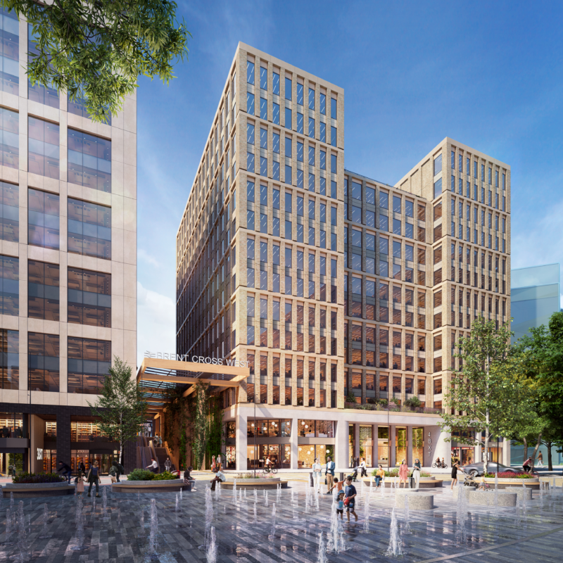 CGI interpretation of 4 Copper Square offices to occupy in Brent Cross Town, viewed from a plaza with water features. (Brent Cross Town)