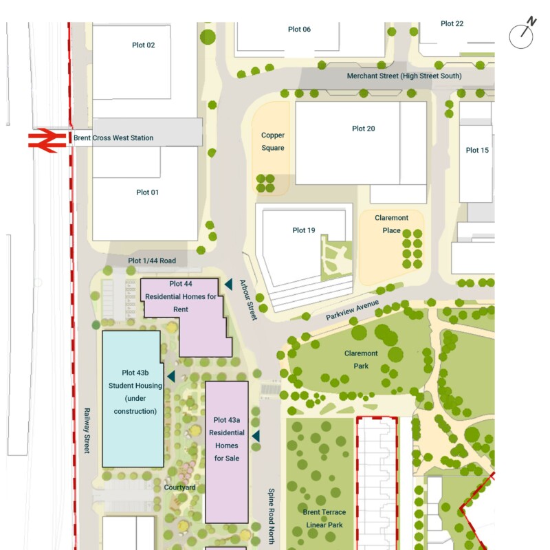 Development plan for upcoming work to Brent Cross Town, drawn from an aerial perspective.