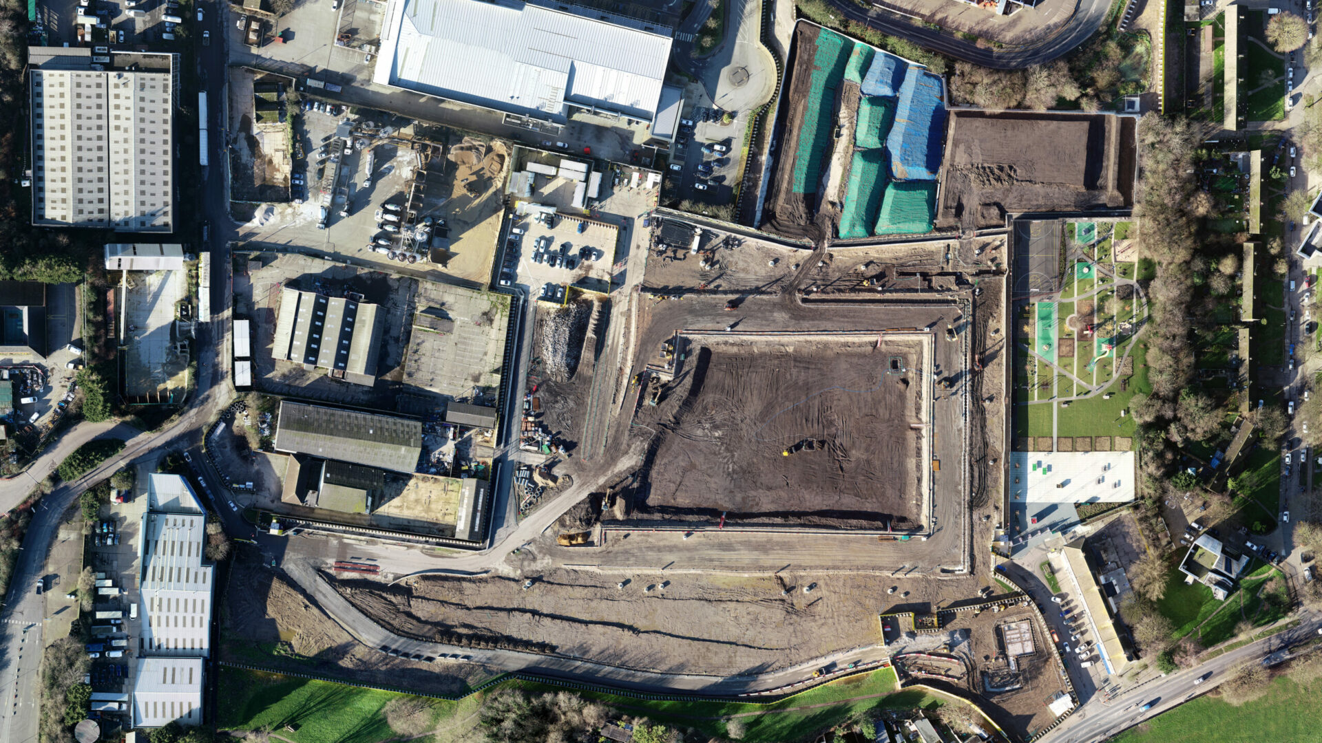 Aerial view of construction site with bare earth (Brent Cross Town)