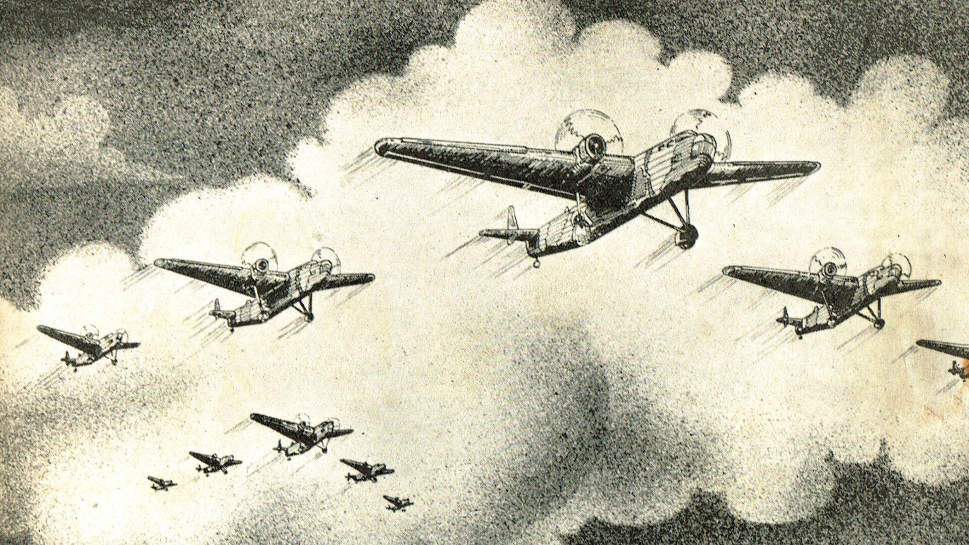Black and white illustration of planes in the sky (Brent Cross Town)