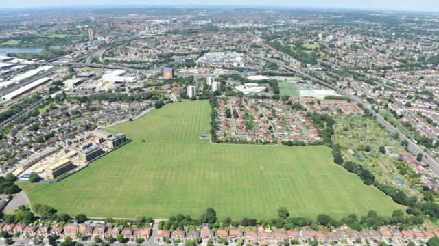 Aerial view of Clitterhouse Playing Fields, Brent Cross Town (Brent Cross Town)