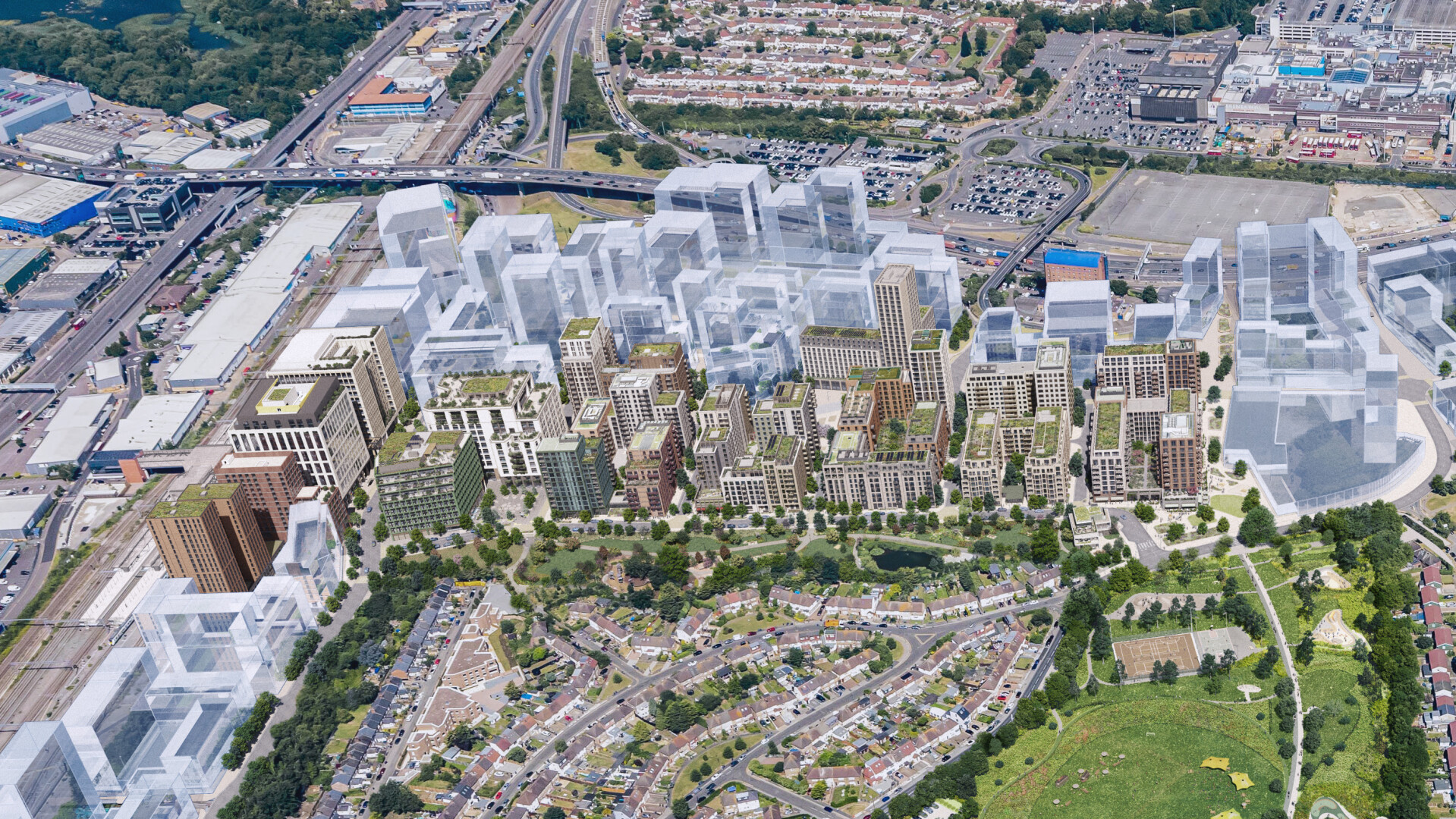 Aerial photo of Brent Cross Town, North London, with the proposed development plans projected over the top. (Brent Cross Town)