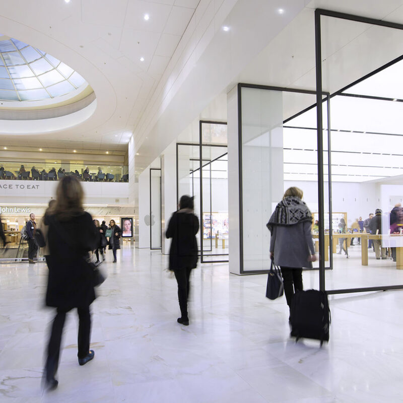 Photo of shoppers walking through Brent Cross Shopping Centre.