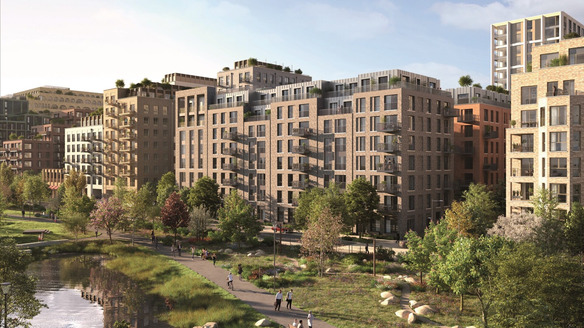 CGI of the Ashbee in Brent Cross Town seen from across Claremont Park (Brent Cross Town)