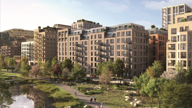 CGI of the Ashbee in Brent Cross Town seen from across Claremont Park (Brent Cross Town)