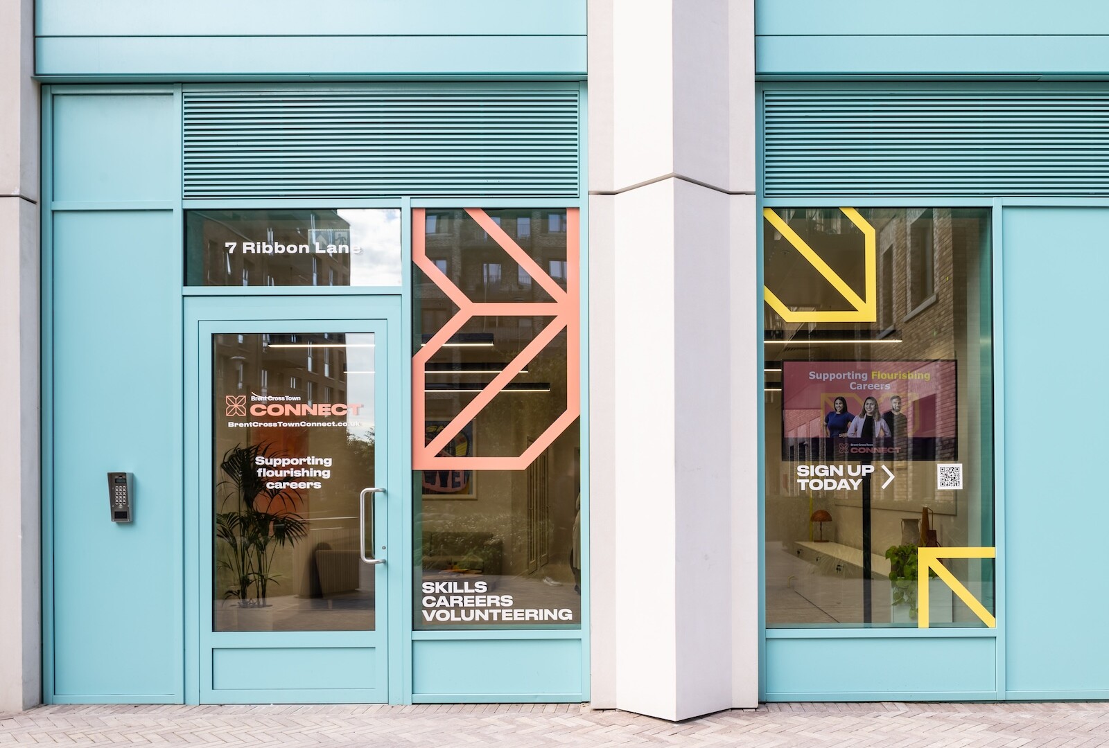Photo of the colourful, blue front of the Brent Cross Town Connect recruitment hub. (Brent Cross Town)