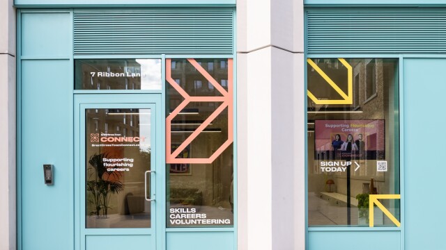 Photo of the colourful, blue front of the Brent Cross Town Connect recruitment hub. (Brent Cross Town)