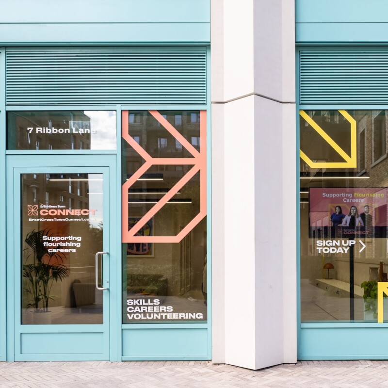 Photo of the colourful, blue front of the Brent Cross Town Connect recruitment hub. (Brent Cross Town)