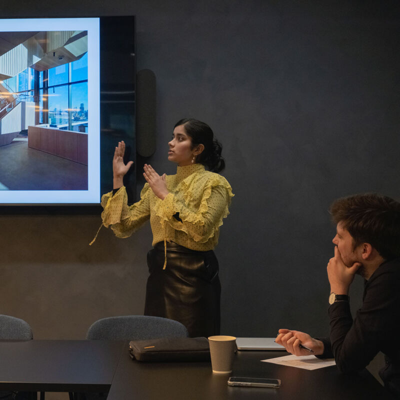 Student presenting work on the Build the Way architecture scheme (Brent Cross Town)