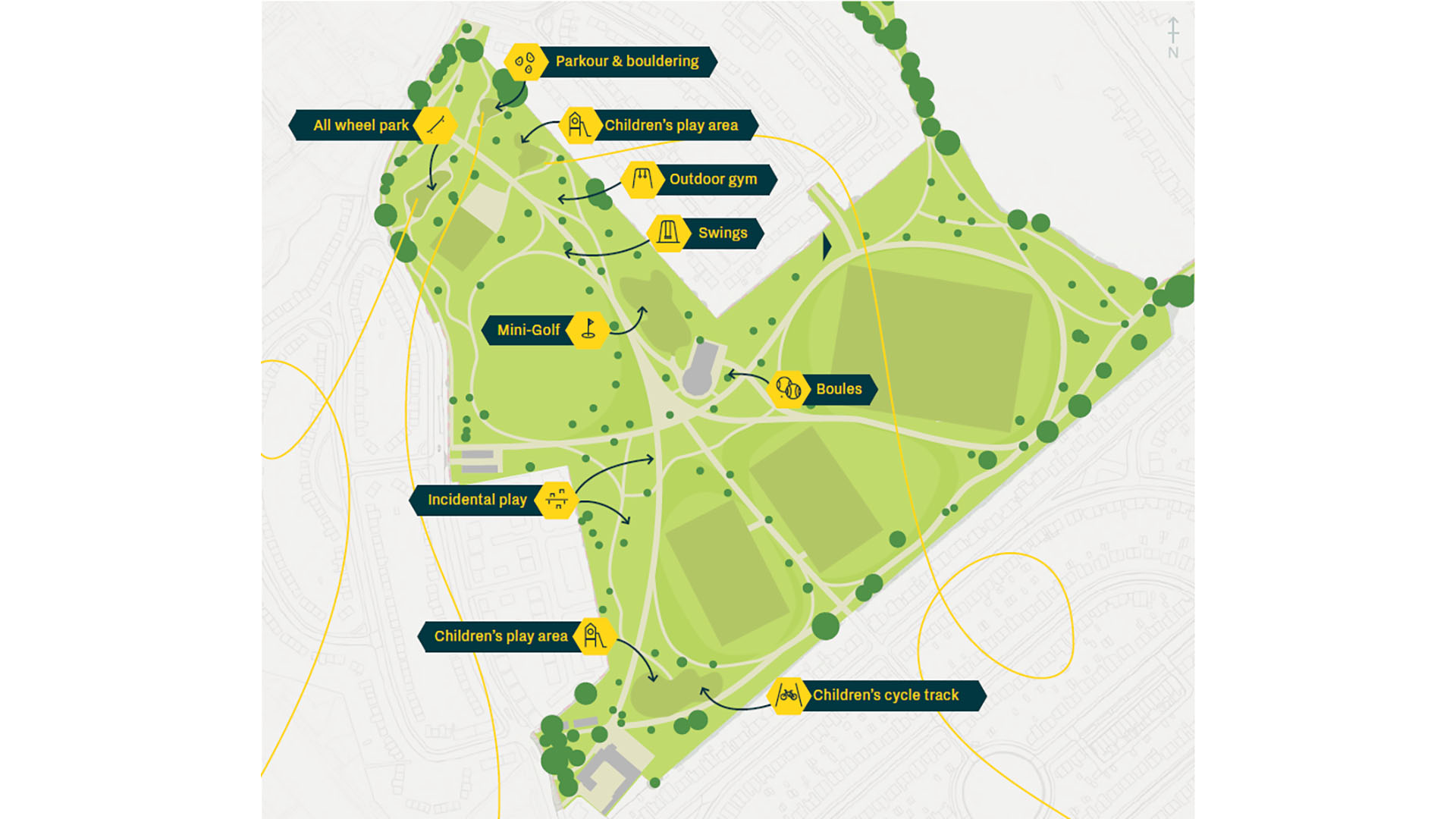 plan of facilities in Clitterhouse Playing Fields, Brent Cross Town (Brent Cross Town)