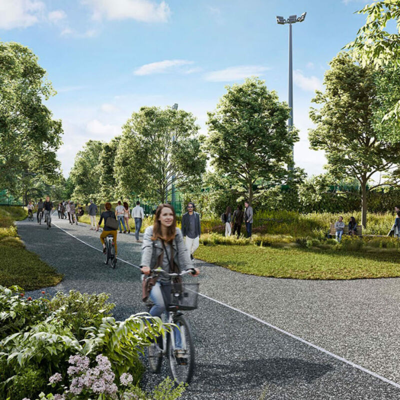 CGI of a cyclist in Clitterhouse pLaying fields (Brent Cross Town)