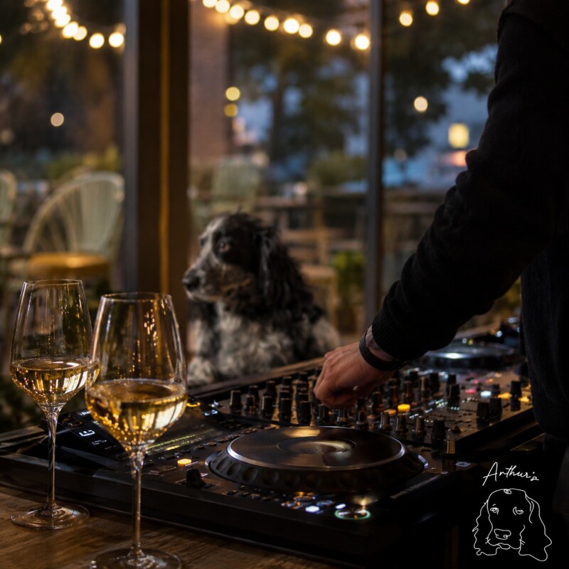 Photo of a DJ deck at Arthur's in Brent Cross Town, with a dog and fairy lights in the background. (Brent Cross Town)