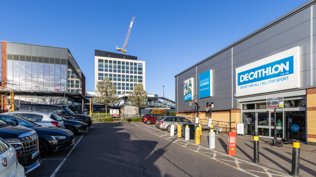 Photo of the outside of Decathlon with Brent Cross West station just opposite. (Brent Cross Town)
