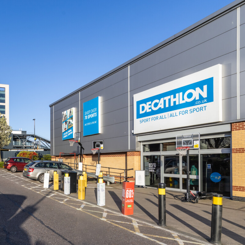 Photo of the outside of Decathlon with Brent Cross West station just opposite. (Brent Cross Town)