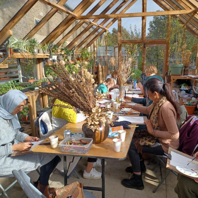 Art class in the Our Yard glasshouse (Brent Cross Town)