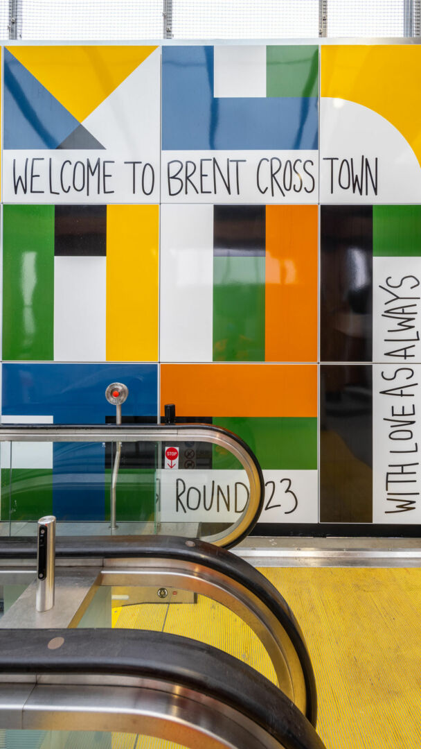 Giles Round's artwork 'Time Passes & Still I Think of You' at Brent Cross West station (Brent Cross Town)