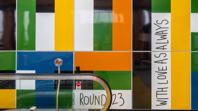 Giles Round's artwork 'Time Passes & Still I Think of You' at Brent Cross West station (Brent Cross Town)