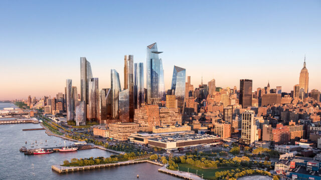 Aerial photo of Hudson Yards with the New York City skyline in the background. (Brent Cross Town)