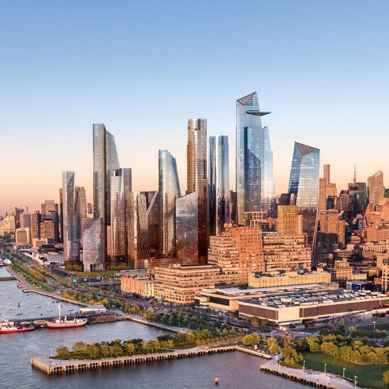 Aerial photo of Hudson Yards with the New York City skyline in the background. (Brent Cross Town)
