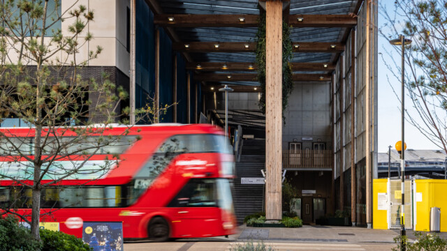 Photo of a bus passing the entrance to Brent Cross West station, Brent Cross Town. (Brent Cross Town)