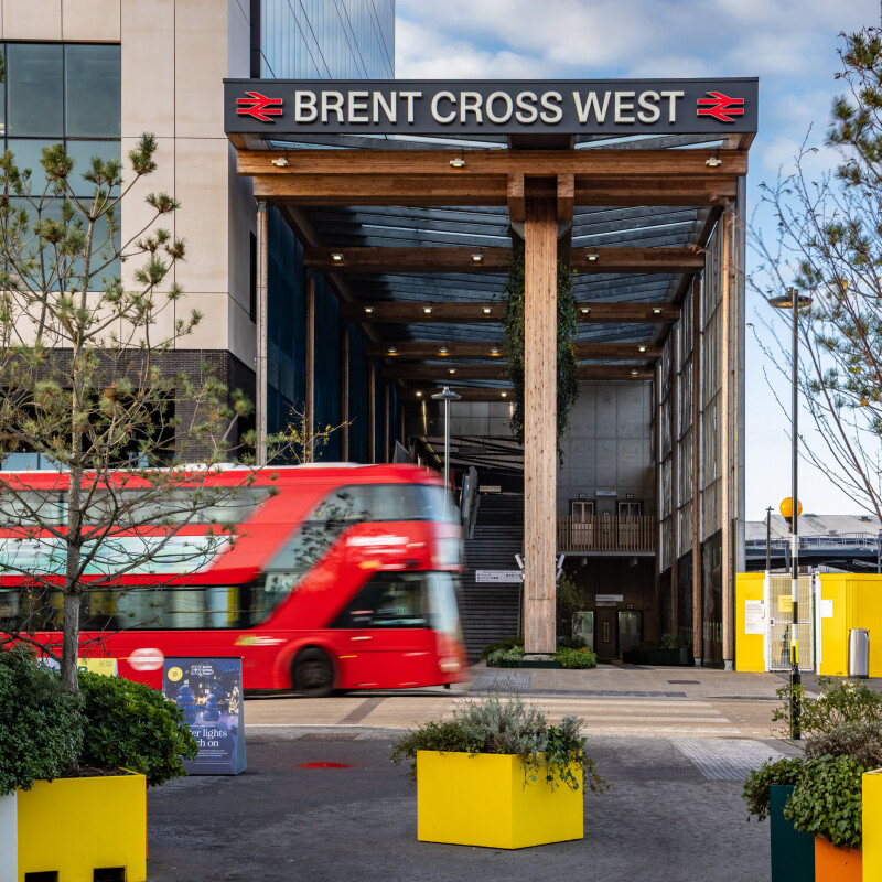 Photo of a bus passing the entrance to Brent Cross West station, Brent Cross Town. (Brent Cross Town)