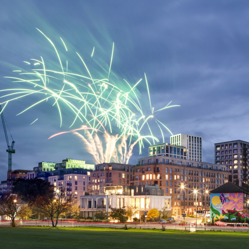 Photo of a firework display over Neighbourhood Square in Brent Cross Town, North London. (Brent Cross Town)