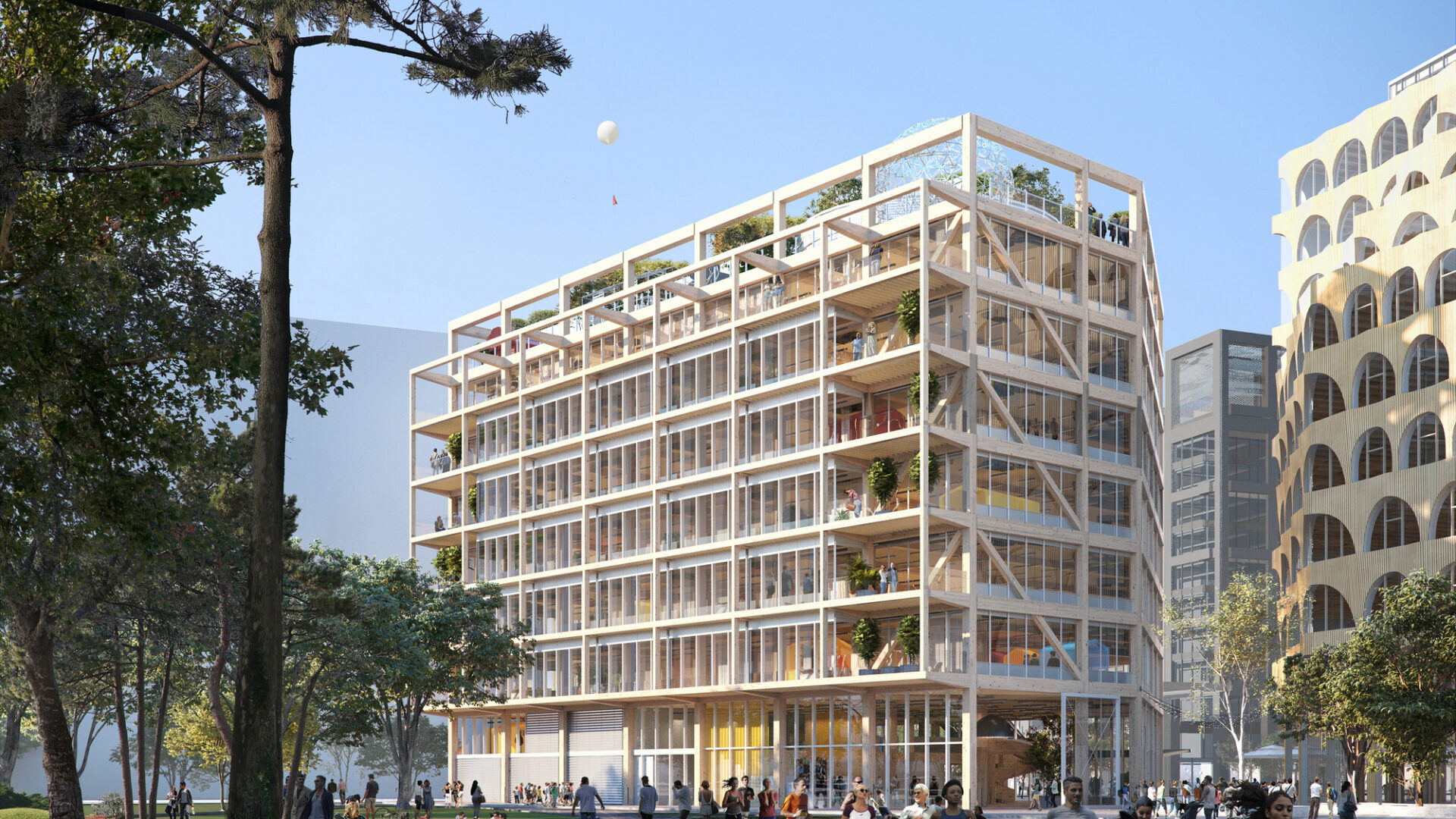 2 Brent Cross Town - New timber-framed office development from the park (Brent Cross Town)