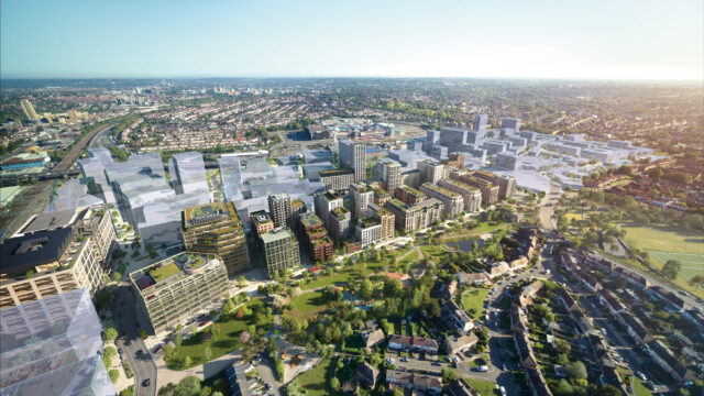 Aerial visualisation of Brent Cross Town looking north (Brent Cross Town)