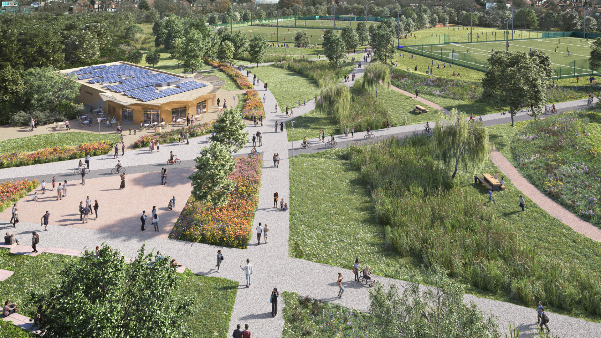 CGI of Clitterhouse Playing fields in North London. (Brent Cross Town)