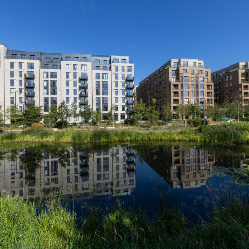 Photo of the new apartments ready to buy in Brent Cross Town, as seen from the lake in Claremont Park, North London. (Brent Cross Town)