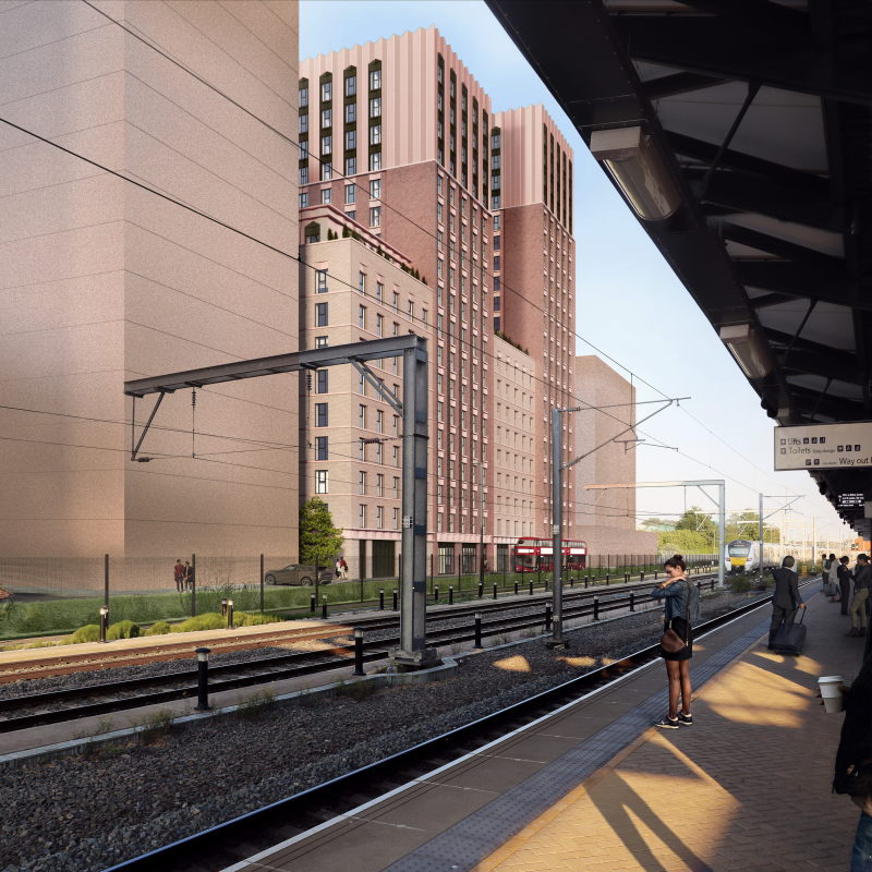 Looking across the railway tracks at the student residence, plot 43b (Brent Cross Town)