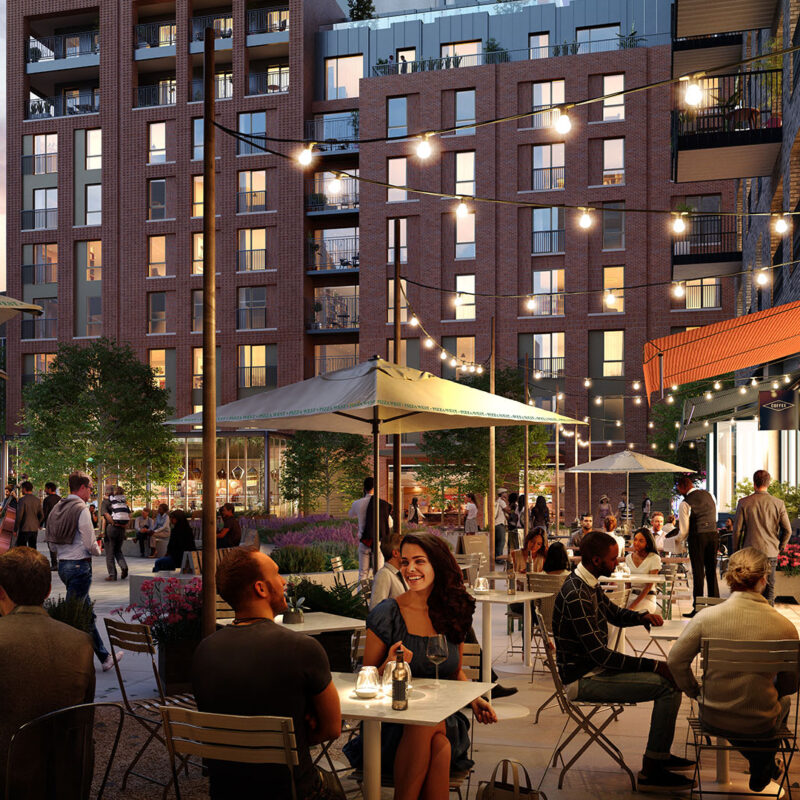 People enjoying drinks in the town square, Brent Cross Town (Brent Cross Town)