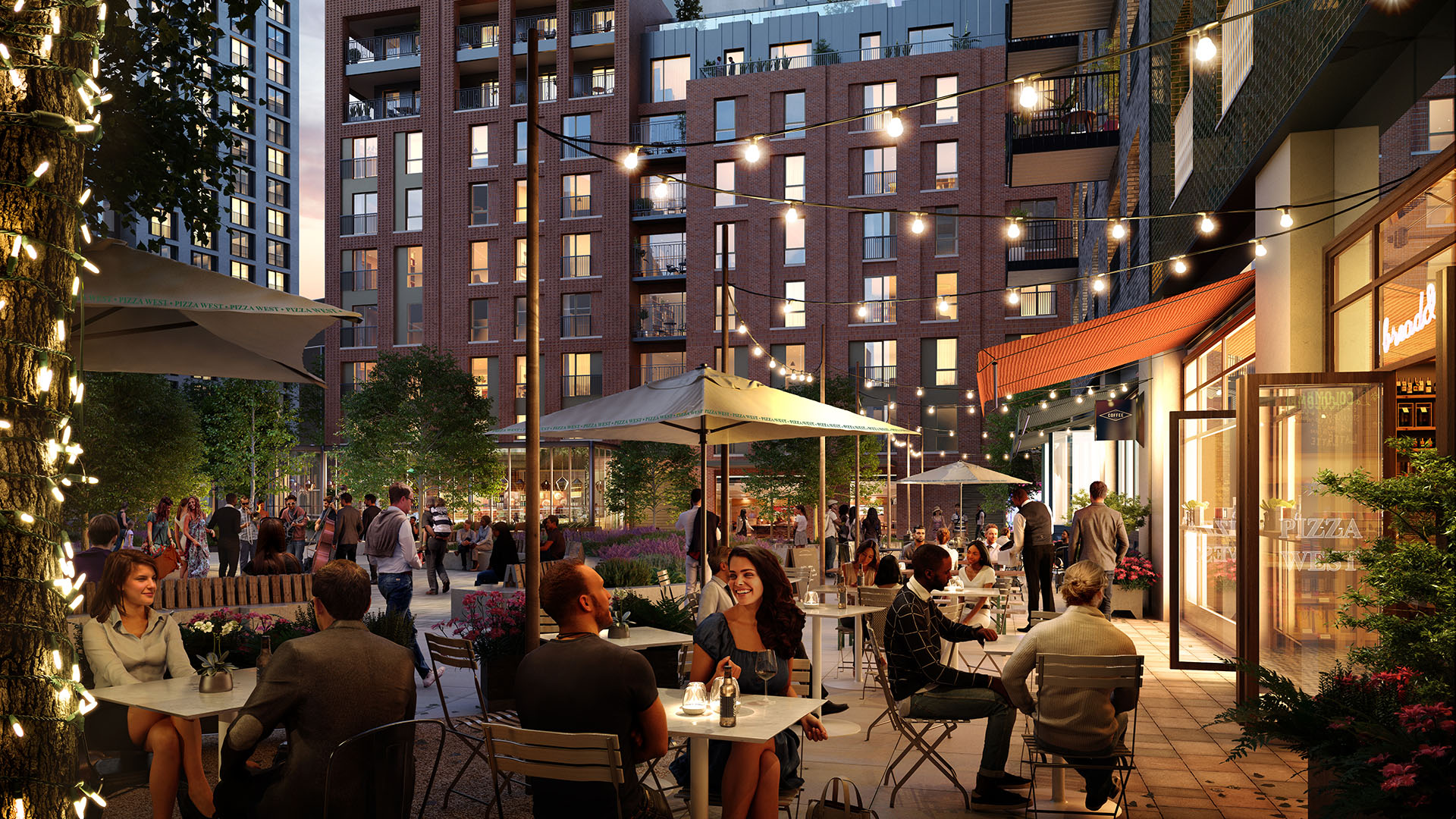 People enjoying drinks in the town square, Brent Cross Town (Brent Cross Town)