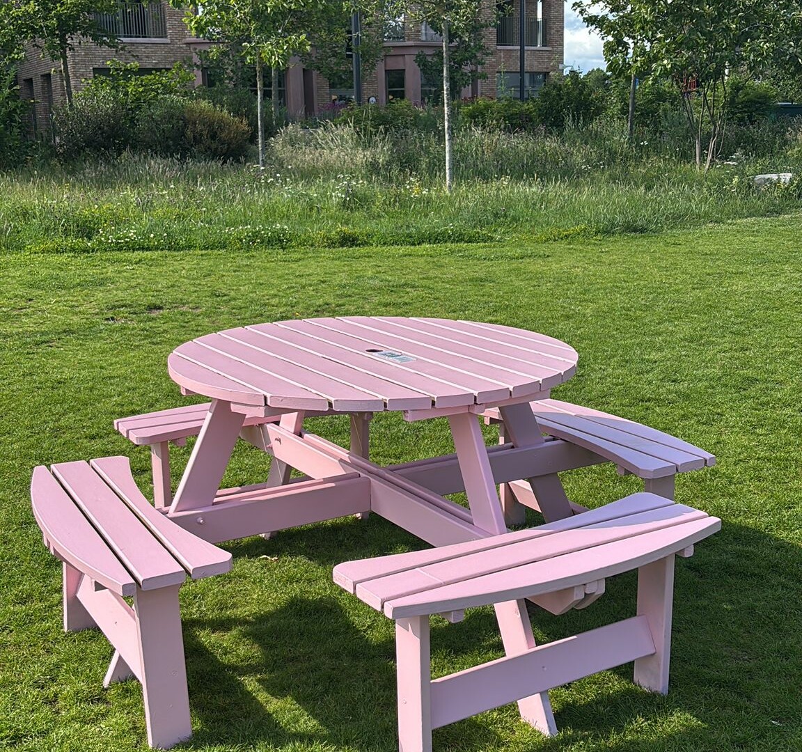 Speakeasy Club pink bench in North London (Brent Cross Town)