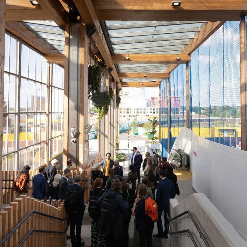 Photo of the timber architecture inside of Brent Cross West station. (Brent Cross Town)