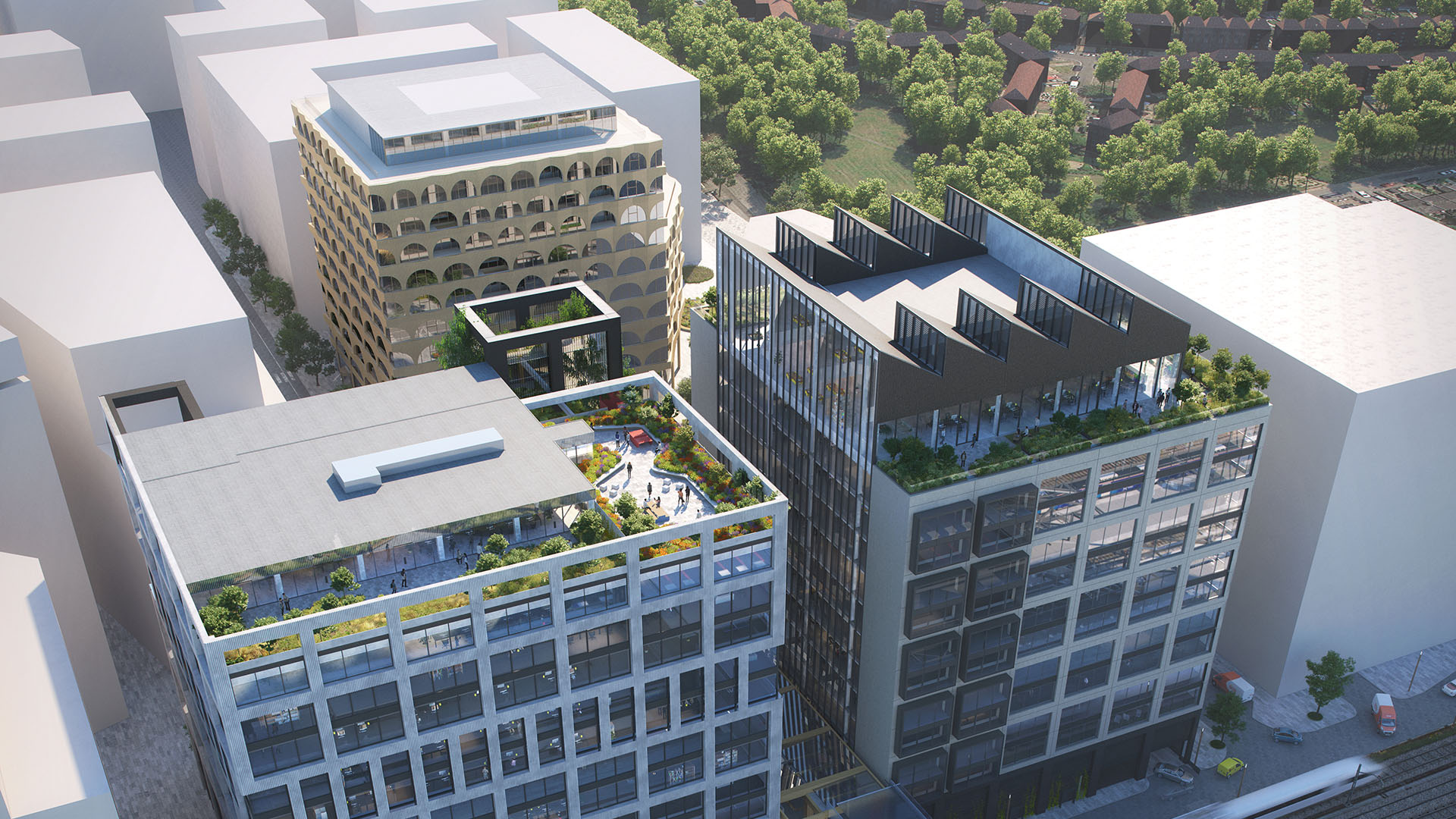 Roofs of offices in Brent Cross Town (Brent Cross Town)