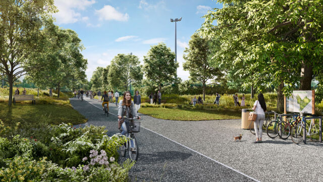 Bike rider in Clitterhouse playing fields CGI (Brent Cross Town)