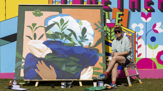 Josephine Hicks with her artwork at The Maze (Brent Cross Town)