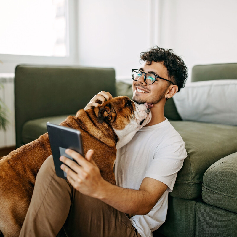 Photo of a young man cuddling his dog in his pet-friendly accommodation in The Maple. (Brent Cross Town)
