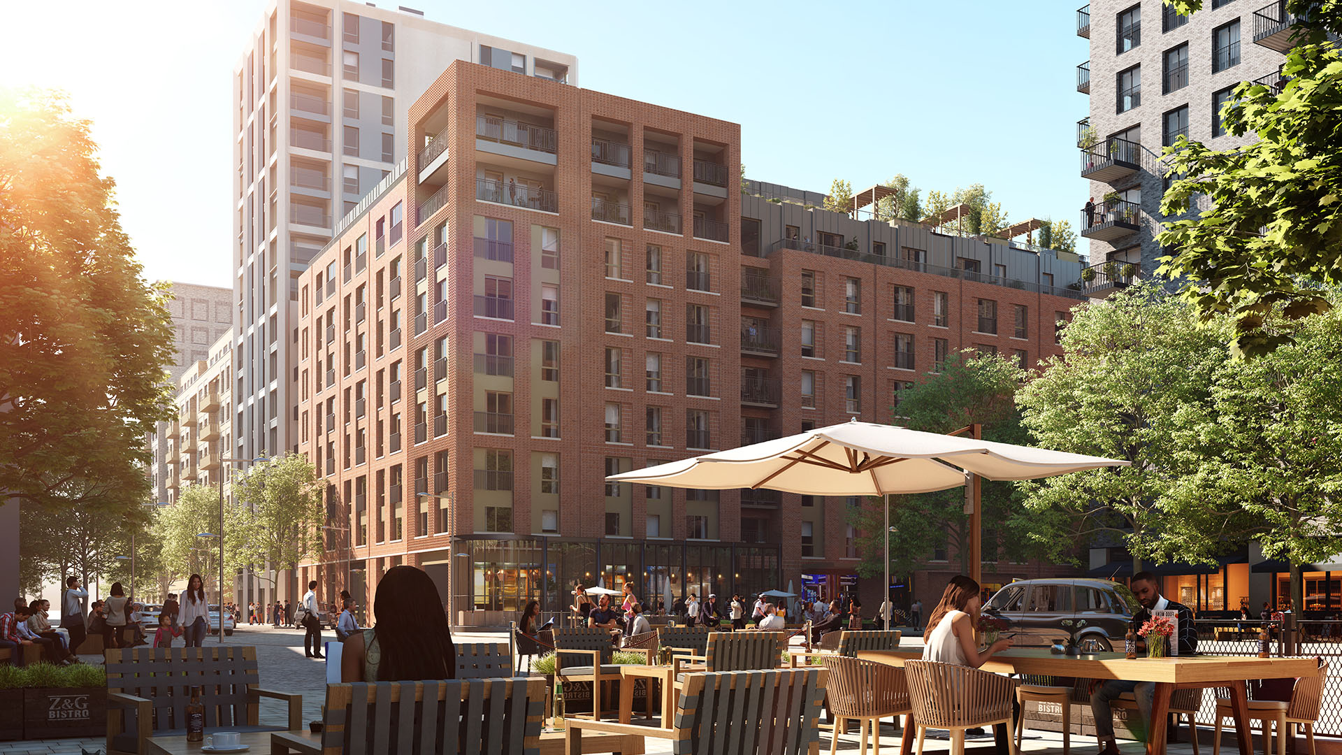 Rental apartment building in neighbourhood square Brent Cross Town (Brent Cross Town)