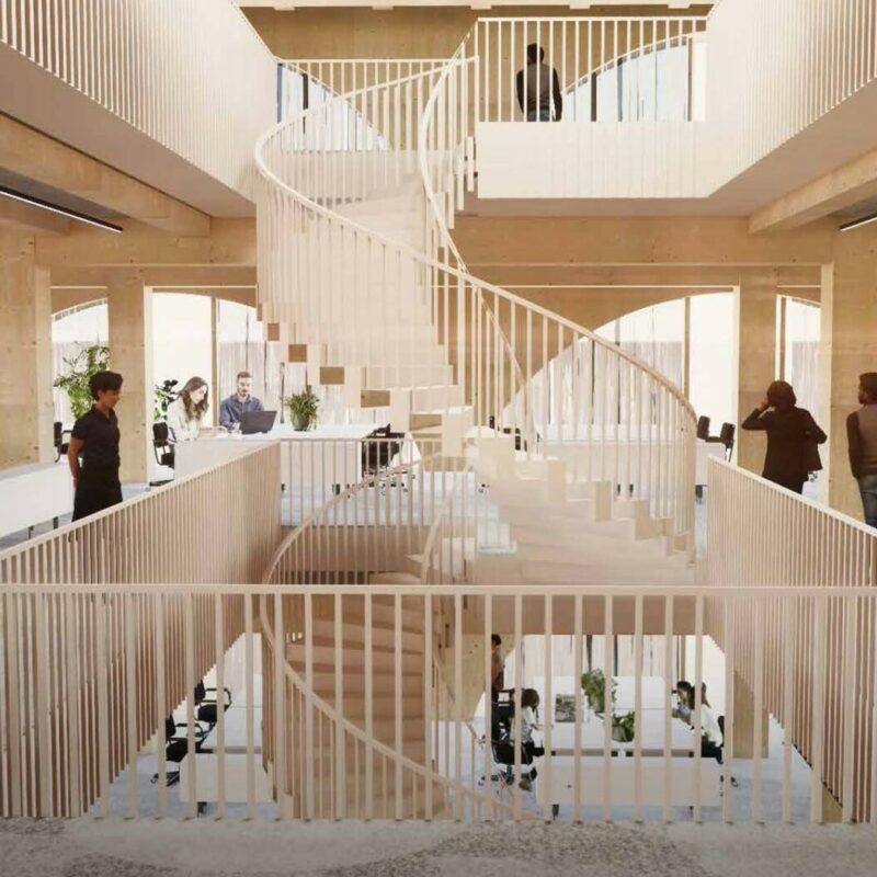 A staircase in the wooden office building CGI (Brent Cross Town)