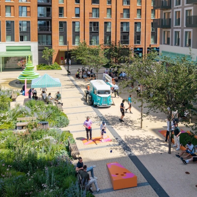 Aerial photo of Neighbourhood Square in Brent Cross Town in the sunshine. (Brent Cross Town)