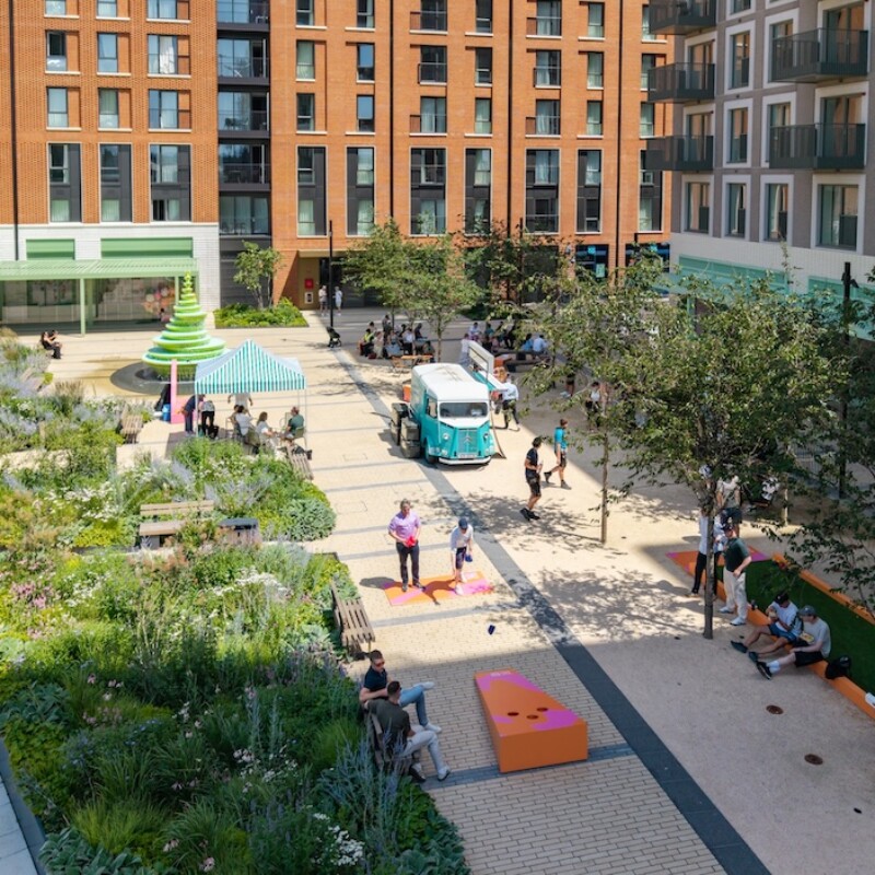 Aerial photo of Neighbourhood Square in Brent Cross Town in the sunshine. (Brent Cross Town)